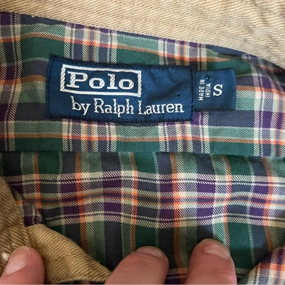 Vintage 1990s Polo Country Authentic Dry Goods Plaid Elbow Patch Button Down - Picture 3 of 8